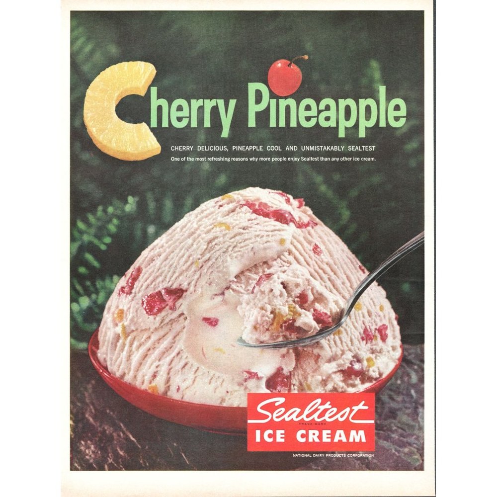 1968 Sealtest Cherry Pineapple Ice Cream Vintage Print Ad Dessert Wall Art 10x13